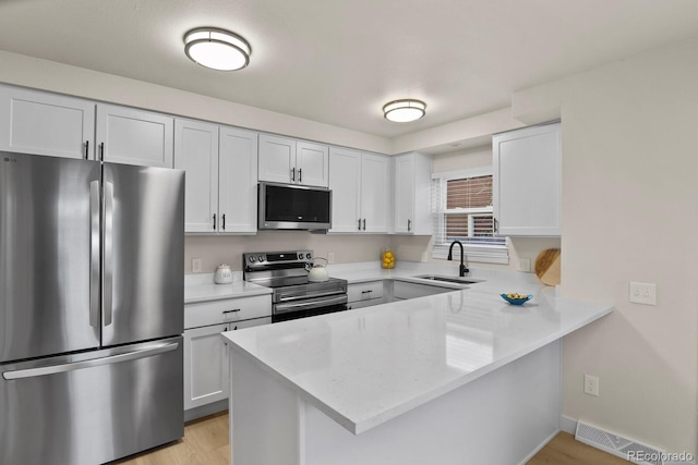 kitchen featuring sink, light wood-type flooring, appliances with stainless steel finishes, kitchen peninsula, and white cabinets