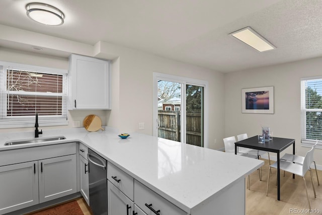 kitchen featuring sink, light wood-type flooring, stainless steel dishwasher, plenty of natural light, and kitchen peninsula