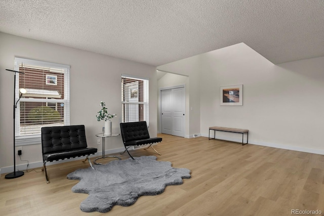 sitting room featuring plenty of natural light, light hardwood / wood-style floors, and a textured ceiling