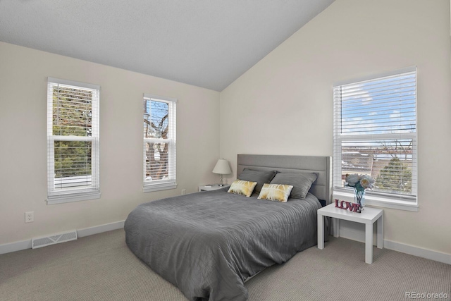 carpeted bedroom featuring vaulted ceiling