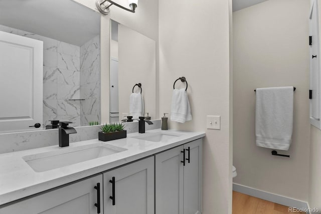 bathroom with vanity, wood-type flooring, and toilet