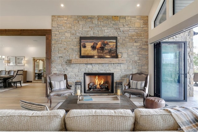 living room featuring a fireplace and light hardwood / wood-style floors