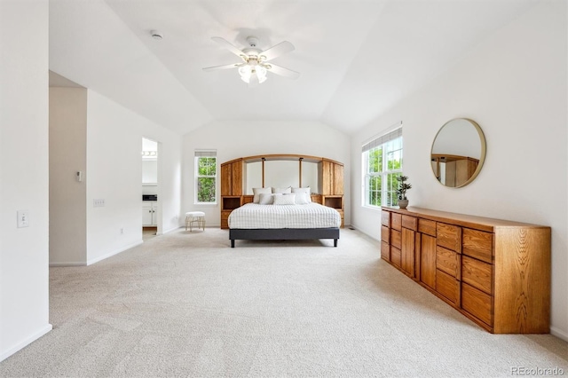 10166 Grove Loop Unit D, Westminster, CO 80031 - bedroom with light carpet, vaulted ceiling, baseboards, and a ceiling fan