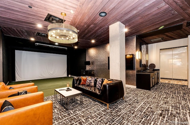 carpeted cinema room featuring wood ceiling and golf simulator