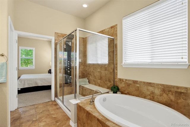 8582 E 148th Ln, Thornton, CO 80602 - full bathroom featuring a bath, a stall shower, ensuite bathroom, tile patterned floors, and recessed lighting