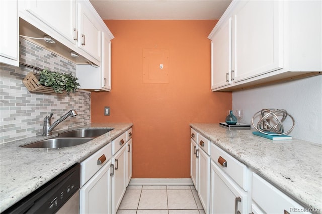 kitchen featuring white cabinetry, dishwasher, light stone countertops, sink, and electric panel