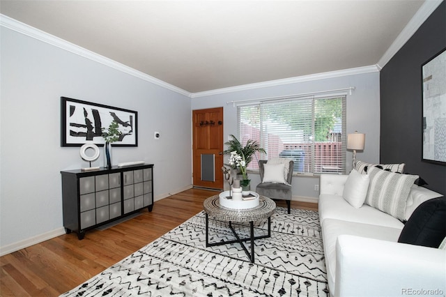 living room featuring hardwood / wood-style flooring and ornamental molding