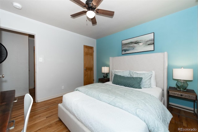 bedroom with ceiling fan and wood-type flooring