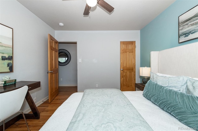 bedroom featuring light hardwood / wood-style flooring and ceiling fan