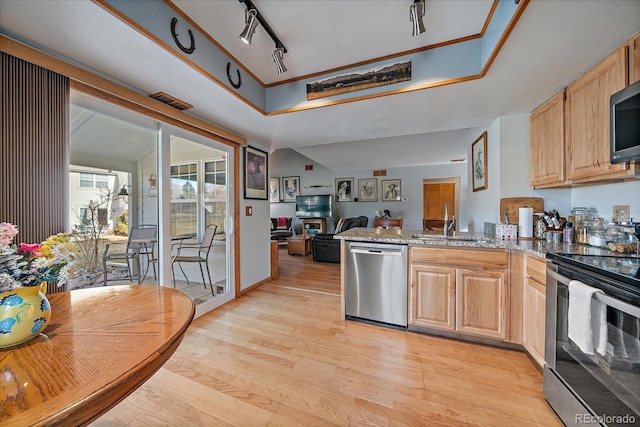 kitchen featuring stainless steel appliances, sink, light stone counters, light hardwood / wood-style floors, and light brown cabinetry