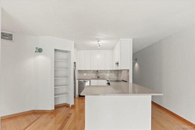 550 E 12th Ave Unit 209, Denver, CO 80203 - kitchen featuring stainless steel appliances, light wood-type flooring, a peninsula, white cabinetry, and decorative backsplash