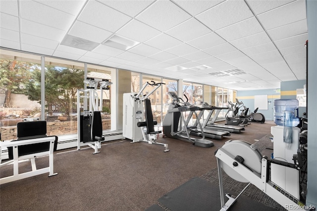 550 E 12th Ave Unit 209, Denver, CO 80203 - exercise room featuring floor to ceiling windows, a paneled ceiling, a baseboard radiator, and carpet flooring