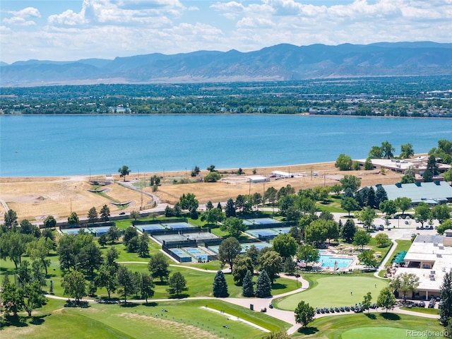 aerial view with a water and mountain view