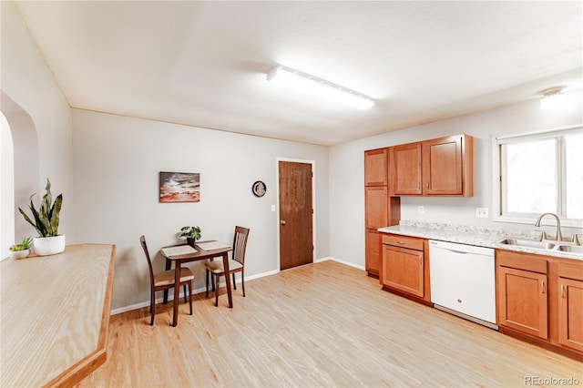 1528 N Chestnut St, Colorado Springs, CO 80907 - kitchen featuring white dishwasher, a sink, light wood-style flooring, and brown cabinets