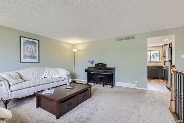 living room with light colored carpet, sink, and a textured ceiling