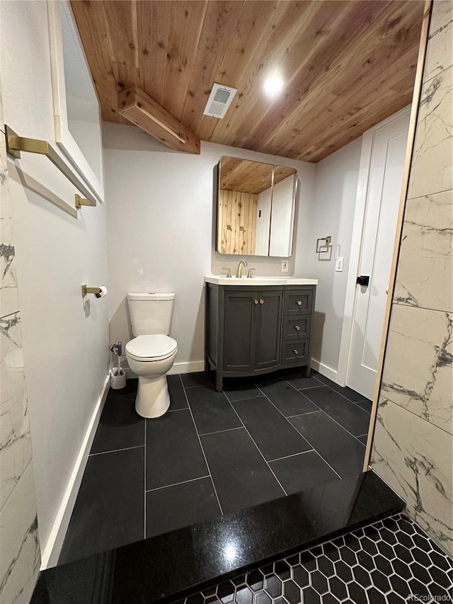 2201 Lima St, Aurora, CO 80010 - bathroom featuring wood ceiling, toilet, visible vents, baseboards, and vanity