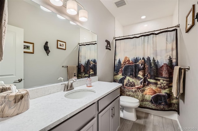 bathroom featuring vanity, curtained shower, and toilet