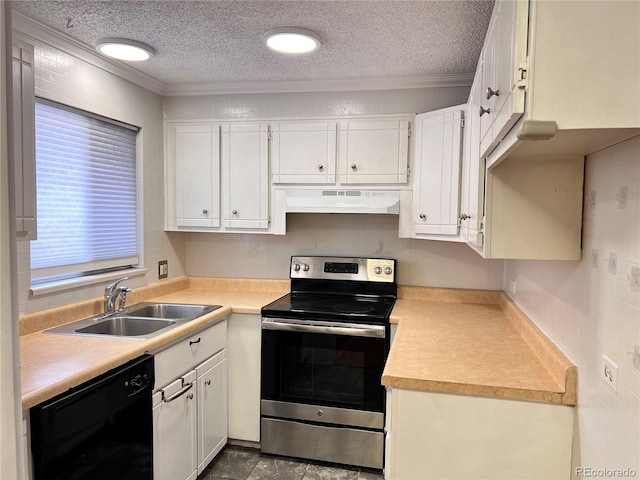 kitchen with white cabinets, dishwasher, stainless steel electric range oven, and sink