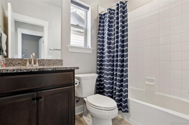 full bathroom with shower / bathtub combination with curtain, vanity, toilet, and tile patterned floors