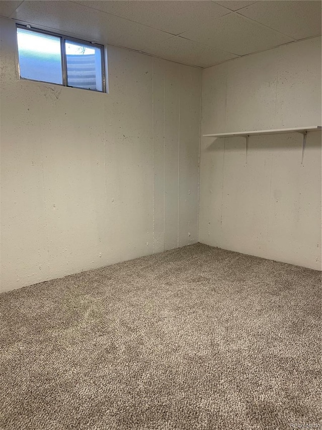 basement with carpet flooring and a paneled ceiling