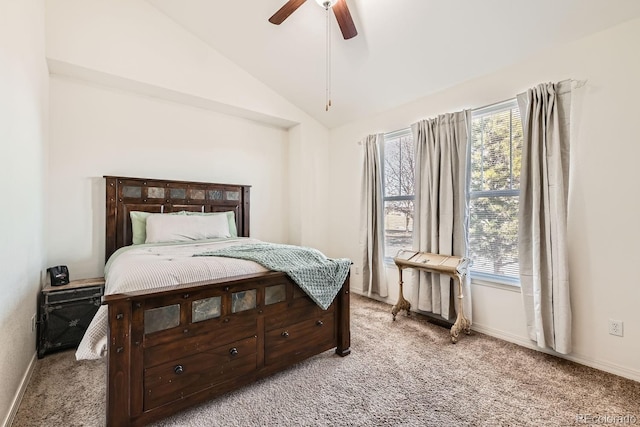 bedroom featuring high vaulted ceiling, light colored carpet, multiple windows, and ceiling fan