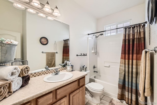 full bathroom with vanity, toilet, and shower / tub combo