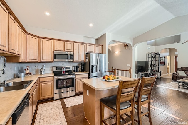 kitchen with stainless steel appliances, sink, dark hardwood / wood-style flooring, a center island, and decorative backsplash