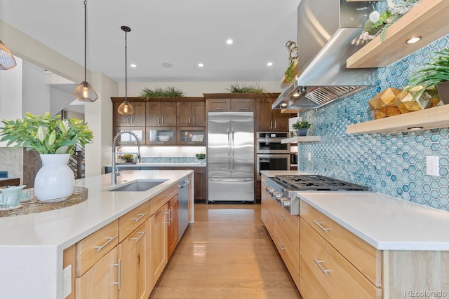 481 Meadowleaf Ln, Highlands Ranch, CO 80126 - kitchen with stainless steel appliances, a sink, wall chimney range hood, open shelves, and light wood-type flooring
