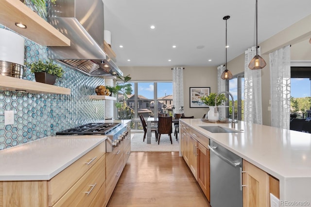 481 Meadowleaf Ln, Highlands Ranch, CO 80126 - kitchen featuring a sink, stainless steel appliances, island exhaust hood, open shelves, and light brown cabinets