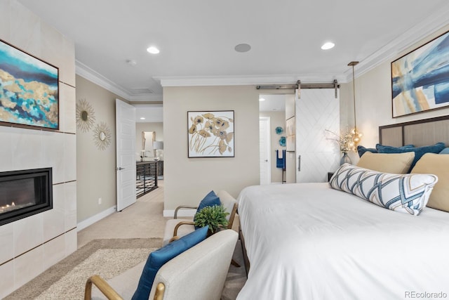 481 Meadowleaf Ln, Highlands Ranch, CO 80126 - carpeted bedroom with baseboards, ornamental molding, recessed lighting, a barn door, and a tile fireplace