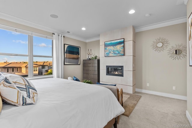 481 Meadowleaf Ln, Highlands Ranch, CO 80126 - bedroom with crown molding, light colored carpet, baseboards, recessed lighting, and a large fireplace