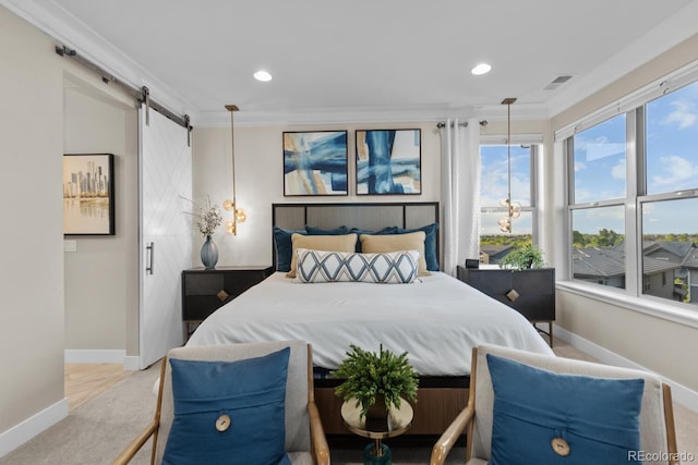 481 Meadowleaf Ln, Highlands Ranch, CO 80126 - bedroom featuring baseboards, ornamental molding, a barn door, carpet, and recessed lighting