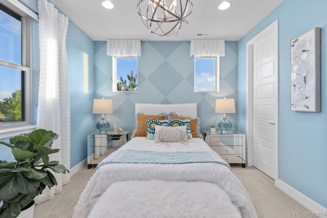 481 Meadowleaf Ln, Highlands Ranch, CO 80126 - bedroom with a chandelier, carpet floors, baseboards, and recessed lighting