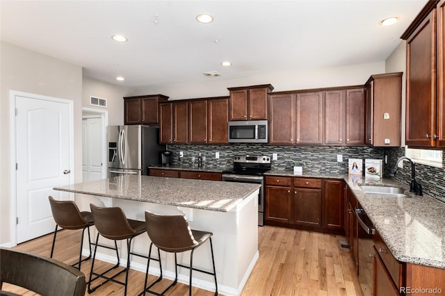 kitchen with visible vents, a kitchen island, a sink, stainless steel appliances, and backsplash