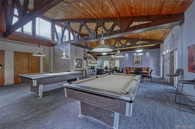 rec room with billiards, wooden ceiling, and carpet floors