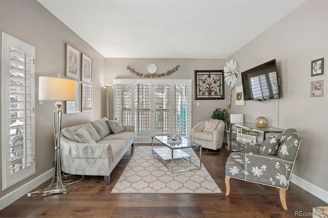 living room with dark hardwood / wood-style flooring