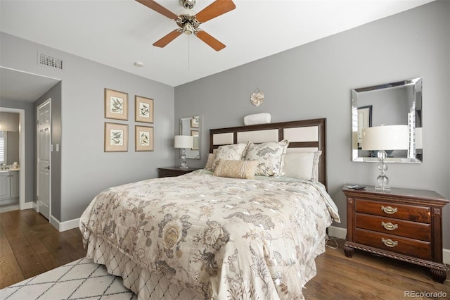 bedroom with hardwood / wood-style flooring and ceiling fan