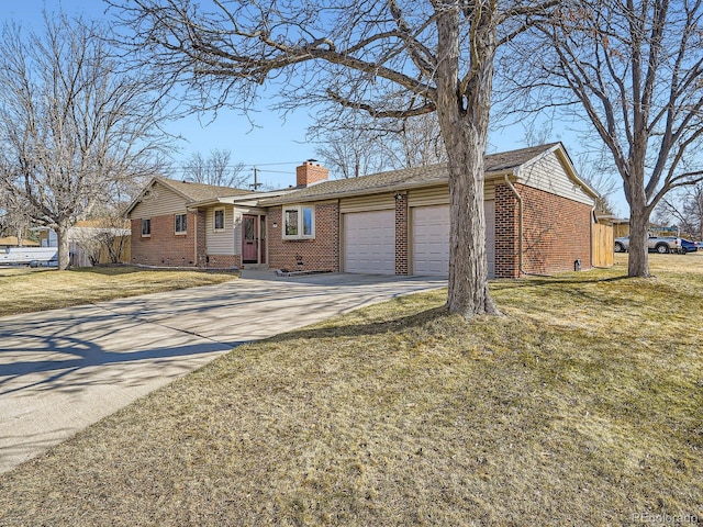 ranch-style house with concrete driveway, brick siding, a chimney, and an attached garage