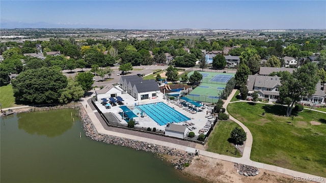 941 E 130th Cir, Thornton, CO 80241 - aerial view of a pool area and a nearby body of water