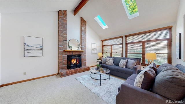941 E 130th Cir, Thornton, CO 80241 - carpeted living area with beamed ceiling, a skylight, a fireplace, and high vaulted ceiling