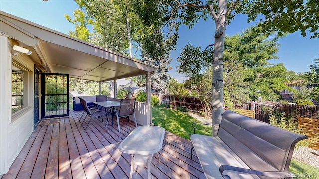 941 E 130th Cir, Thornton, CO 80241 - wooden terrace featuring a fenced backyard and outdoor dining area