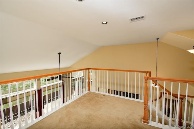 10597 Ashfield St, Highlands Ranch, CO 80126 - corridor featuring lofted ceiling, carpet flooring, and recessed lighting