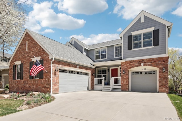 view of front of property with covered porch, concrete driveway, brick siding, a shingled roof, and an attached garage