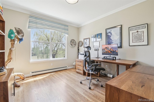 office area with a baseboard radiator, ornamental molding, wood finished floors, and baseboards