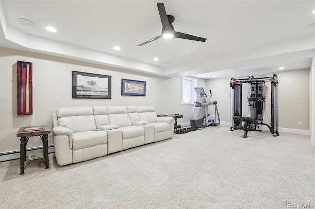 living room with baseboards, a ceiling fan, carpet floors, recessed lighting, and a baseboard radiator