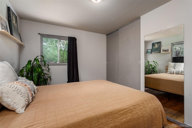 bedroom with hardwood / wood-style flooring and a closet