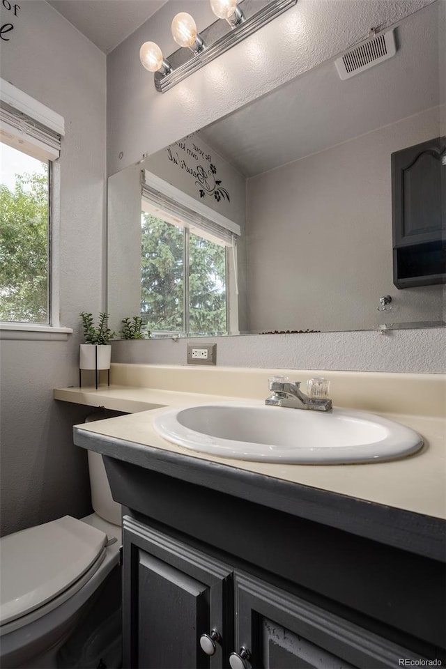 bathroom featuring vanity, toilet, and a healthy amount of sunlight