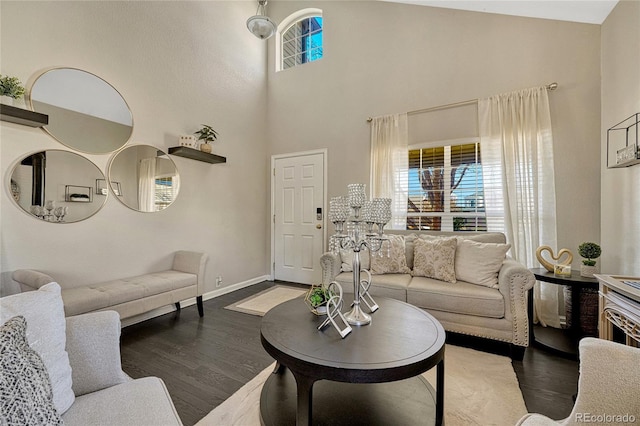 living room with hardwood / wood-style floors and high vaulted ceiling