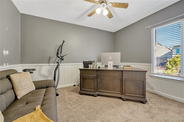 carpeted office space featuring ceiling fan and a healthy amount of sunlight