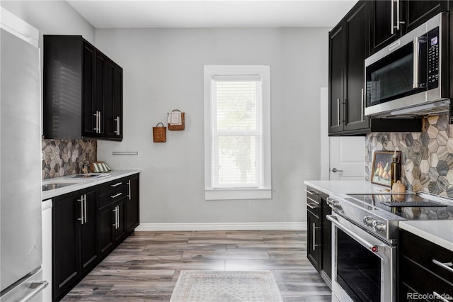 424 N Clarkson St, Denver, CO 80218 - kitchen featuring stainless steel appliances, dark cabinets, tasteful backsplash, light countertops, and light wood finished floors